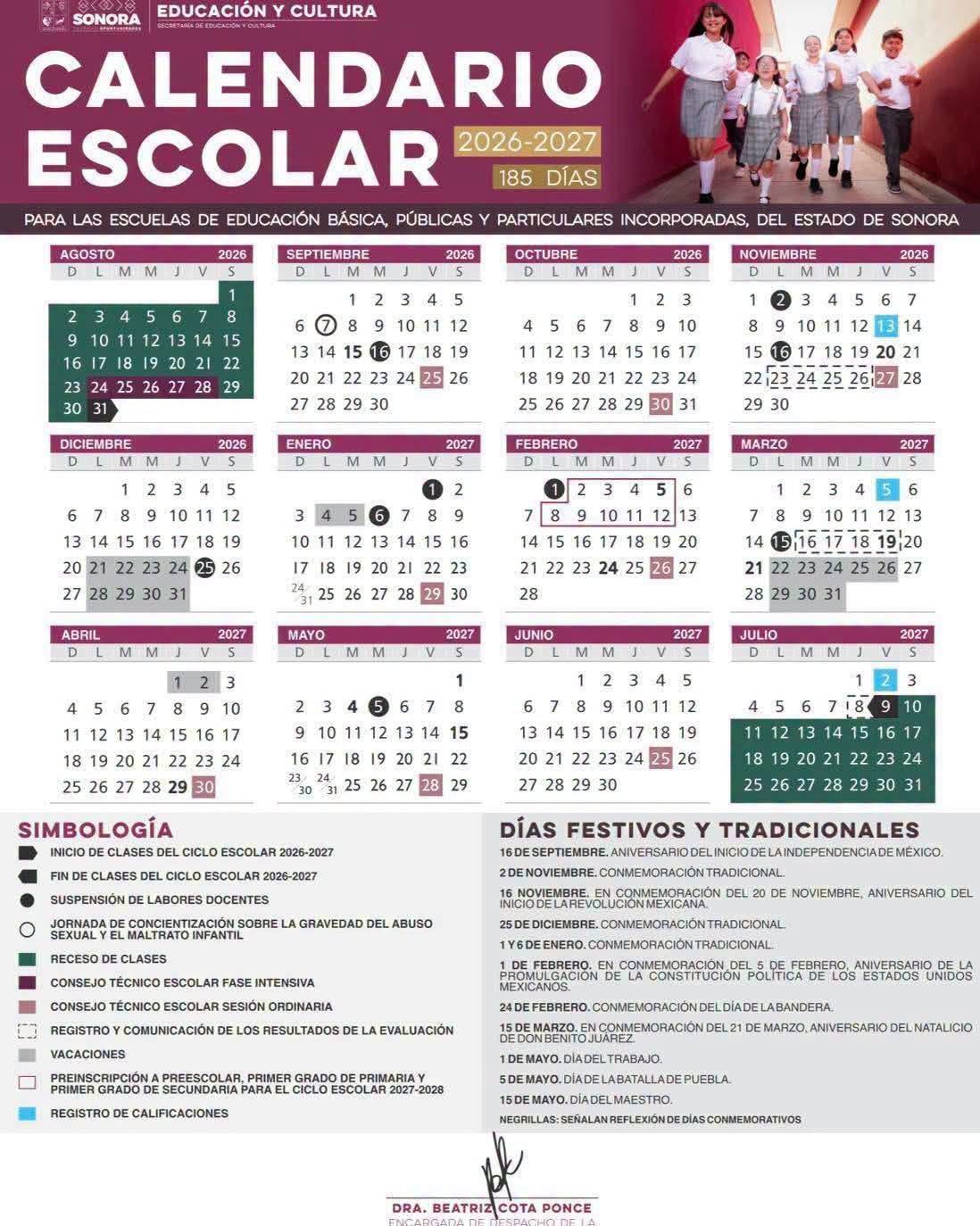 Calendario escolar Sonora 2026-2027, 185 días